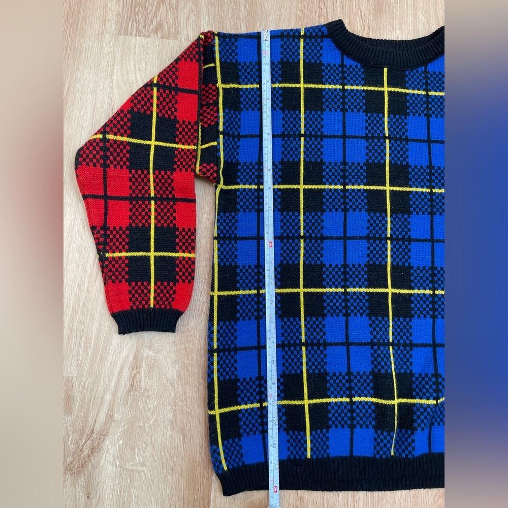 Vintage Toi small crewneck sweater colorblock plaid 80’s retro oversized - Picture 7 of 8